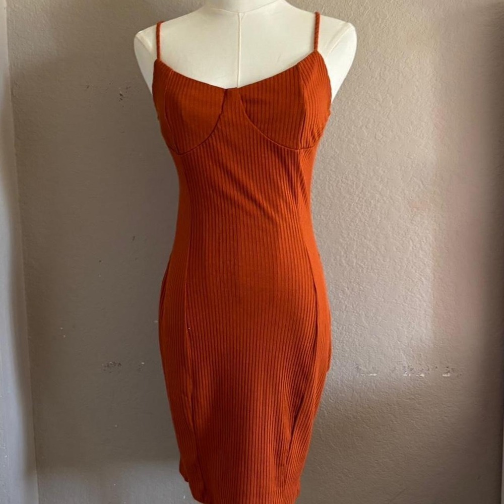 Orange ribbed bodycon dress with spaghetti strap